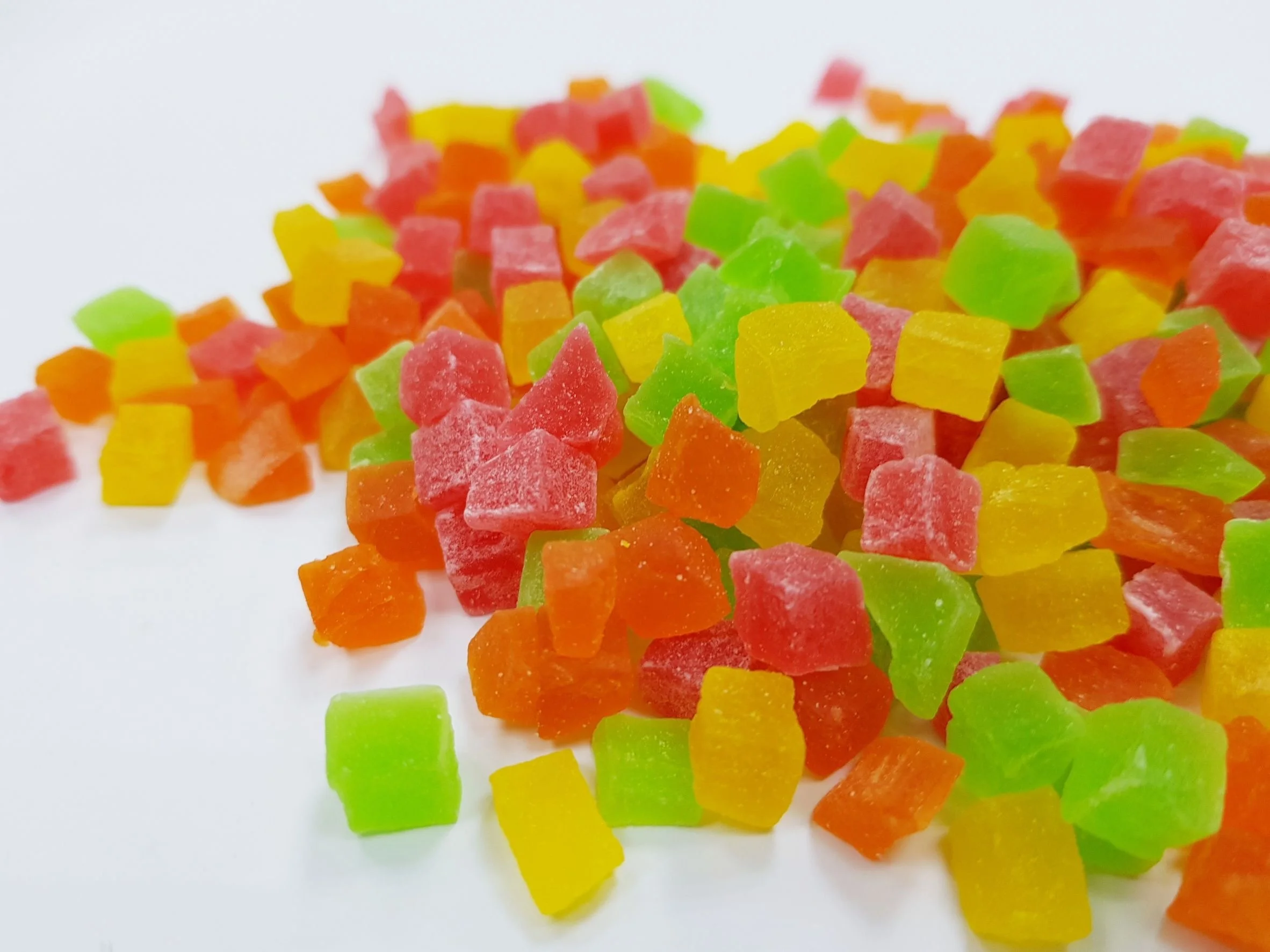 Dried candied Papaya dices 5-7 mm mixed colors added Thailand