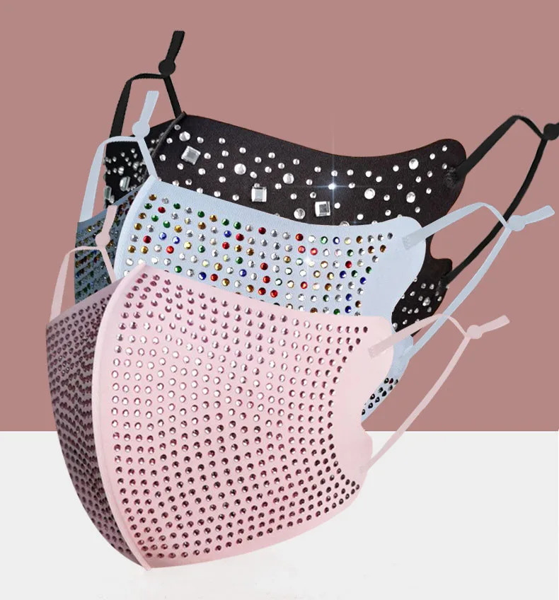 
Mgirlshe Luxury Strass Reusable Masking Anti-dust Black Bling Protective Facemask Party Face Masking Wholesale 