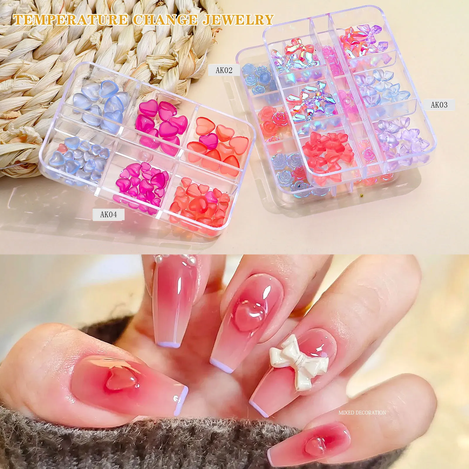 2022 New Magic Light Changing Small Flowers Resin Nail Art Decoration Box Mixed 3D Camellia Flower Bow Heart Nail jewelry