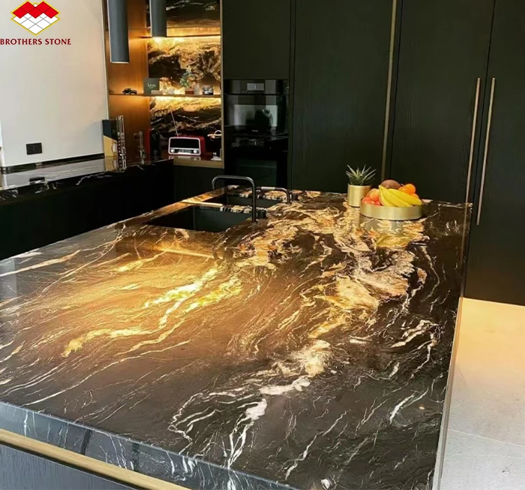 Modern Natural Black Gold Marble Stone Stair Steps Tile High Quality Cheap Price Black and Gold Marble Kitchen Countertop