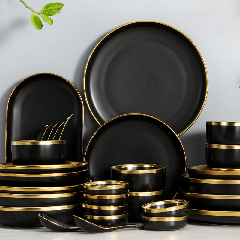 Wholesale Gold Edge Ceramic Dinnerware Sets 2/4/6 People Porcelain Luxury Ceramic Tableware for Household Hotel Dinnerware Sets