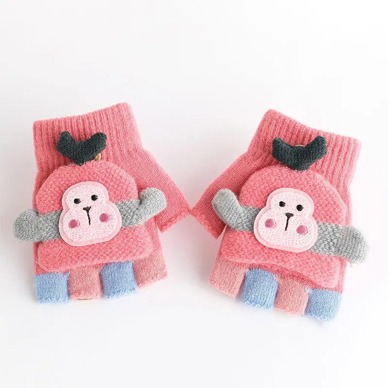 Kids Knitted Flip Cover Half Finger Gloves Cute Winter Warm Fingerless Cozy  Gloves for 2-6Y Children