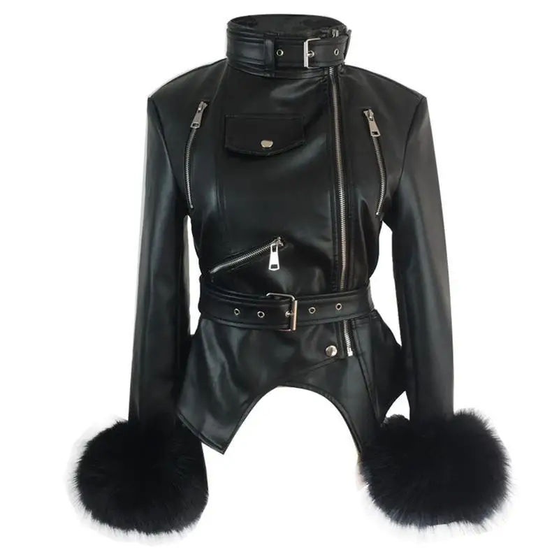 
New velvet imitation fox fur cuff ladies leather coat. 