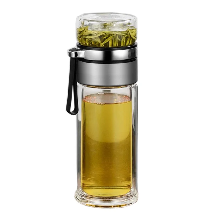 Factory   Price  Tea Infuser Glass  Water Bottle 400ML Double Walled Tea Flask Bottle With Lid