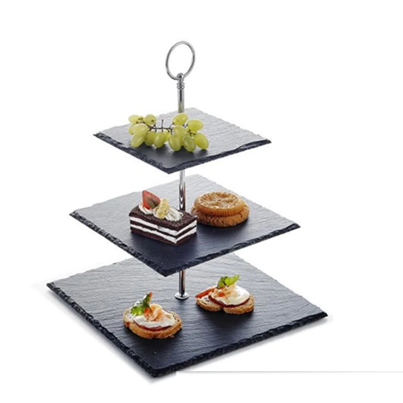 food grade natural stone 3 tier square slate cake stand for party