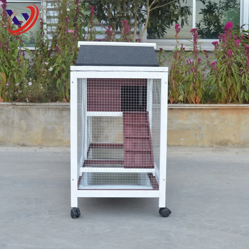 Maroon&White Wooden Rabbit House with Wheels and 3 Trays