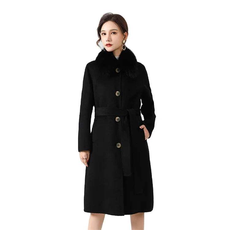 2023 Newest Design Long Wool Coat Real Rabbit Fur Lining Handmade Cashmere Coat