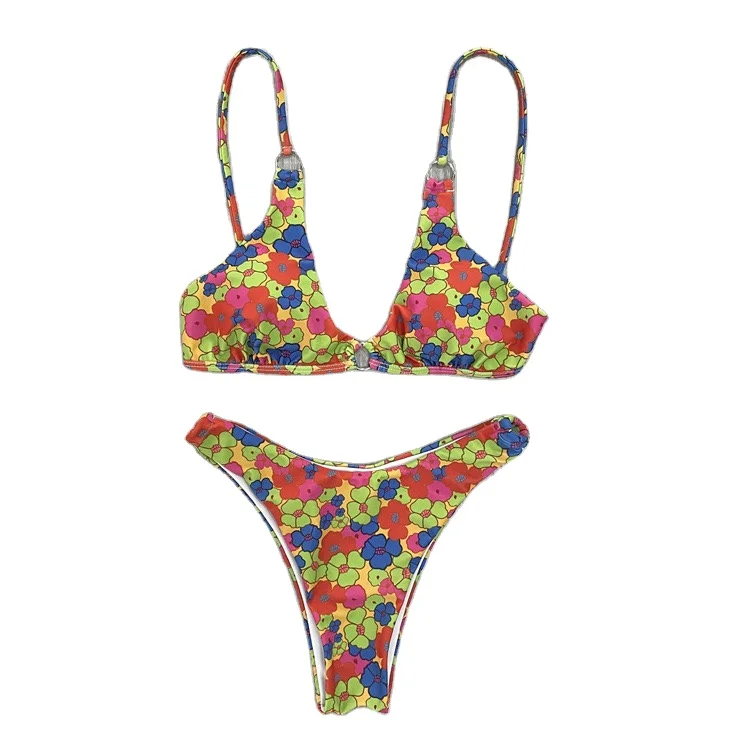 2023 new arrival customized beachwear&swimwear 2 Pieces Swimsuit Floral Print Spaghetti Strap Bikinis for women