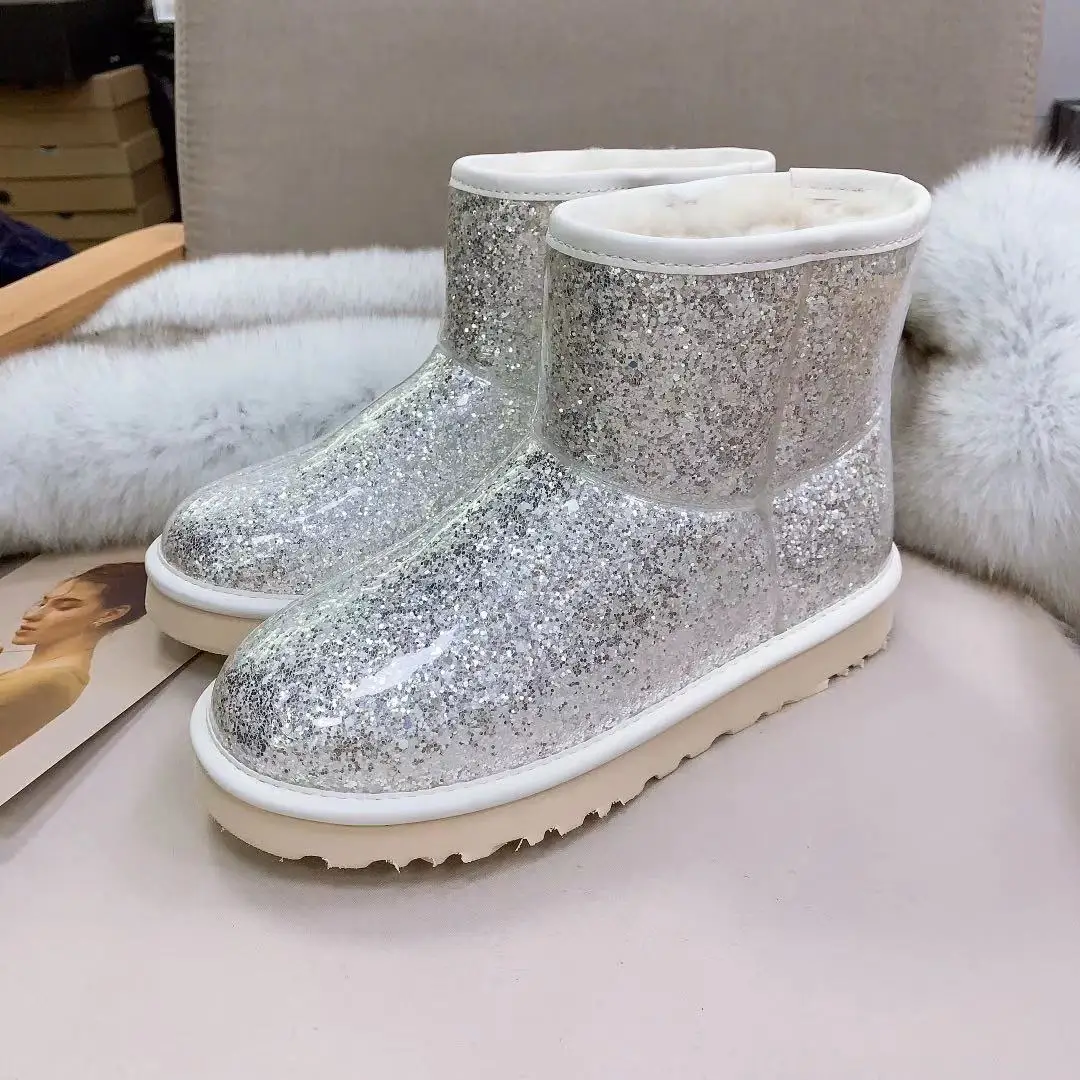 Женские зимние ботильоны со сверкающими блестками, подходящая шуба из искусственного меха, меховые Тапочки