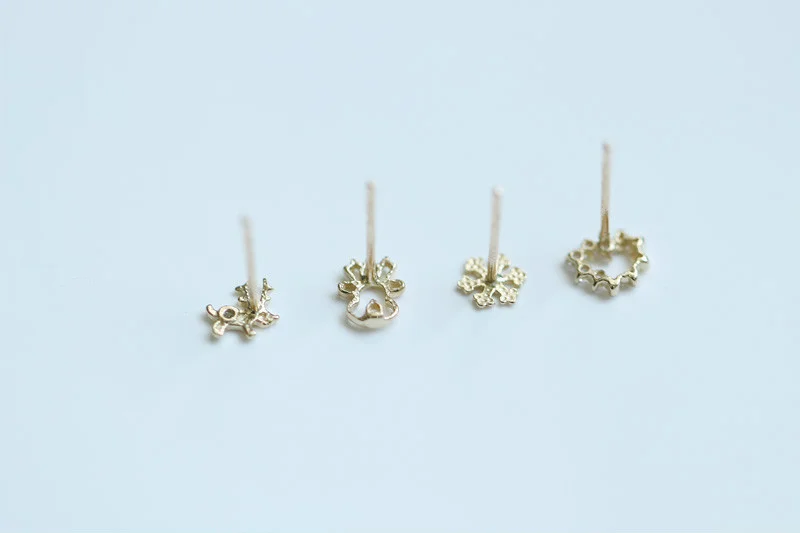 14K Pure Gold Heart Earrings Reindeer Snowflake Studs Dainty Simple Minimal Styles for Wedding or Gifts Kids kj150 13