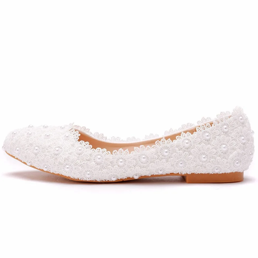Comfortable Women Flats Handmade White Lace Bridal Ballet Flats Closed Toe Shoes Bride Wedding Shoes
