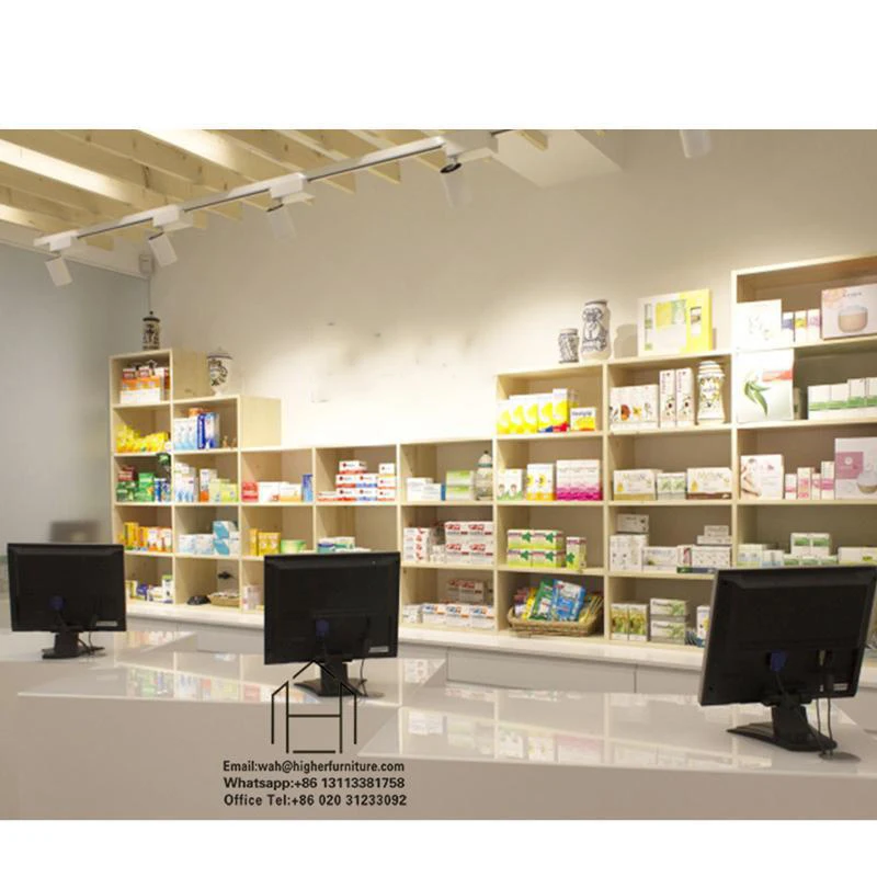 Customized wooden pharmacy shelves pharmacy counter display drugstore pharmacy display stand glass showcase