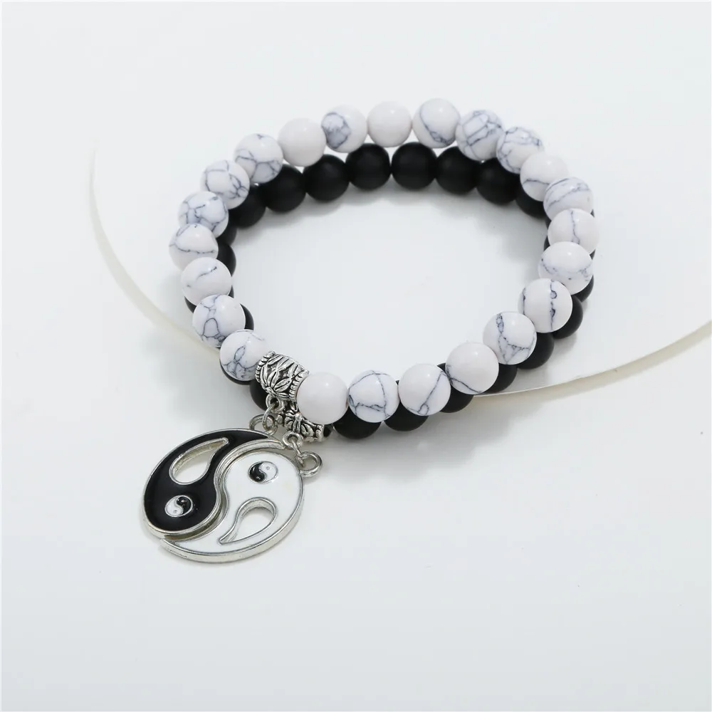 Kingcome Black Frosted White Turquoise Fengshui Bracelet Sets 2 Pieces Set Yin Yang Tai Chi Couple Beaded Bracelet Suit