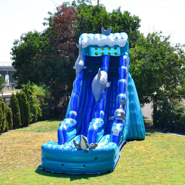 Dolphins Commercial Grade Inflatable Slide with Detachable Deep Pool | For Adults and Kids | Includes Blower, and Storage Bag