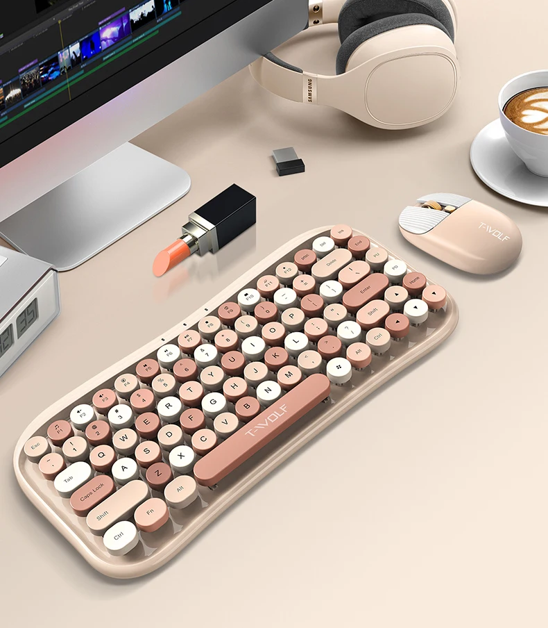 T WOLF TF660 Bluetooth5.0 2.4G Dual Mode Wireless Keyboard Mouse Set Round Keycap Keyboard