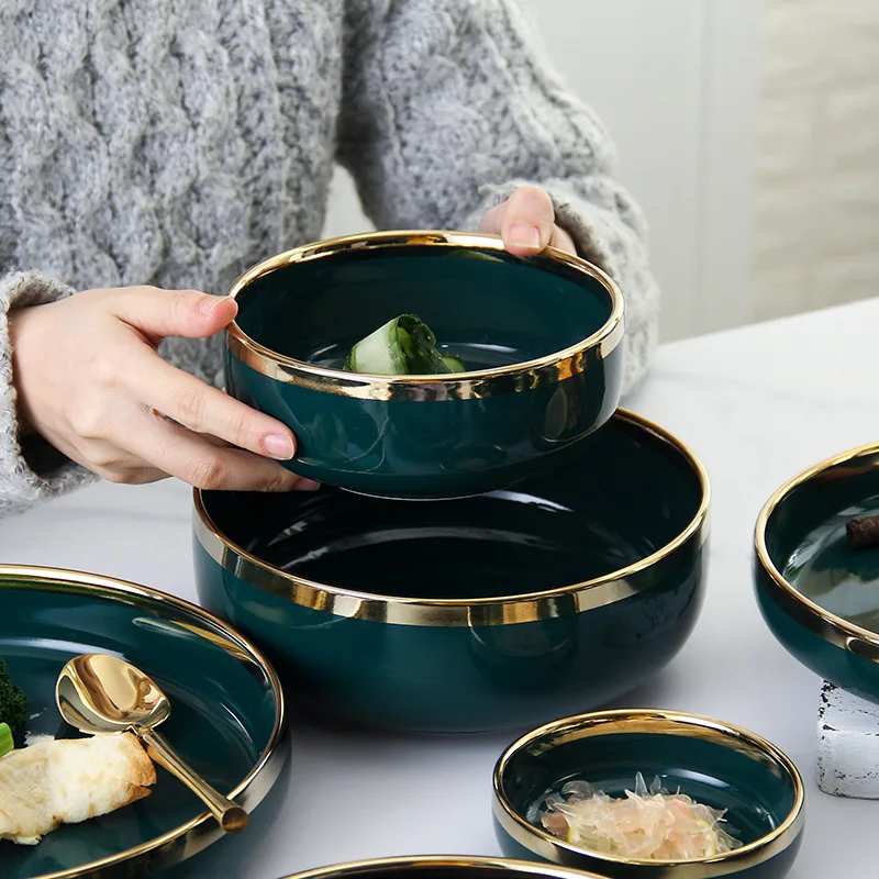 
Luxury green Phnom Penh ceramic tableware bowl spoon set net red ins European household rice bowl dinnerware sets ceramic dinner 