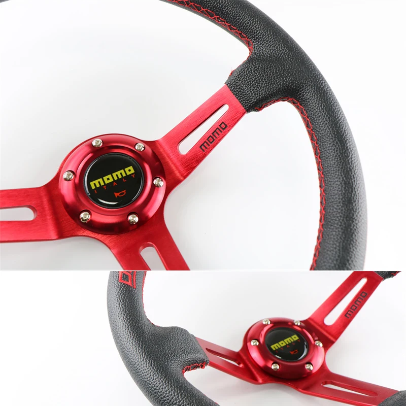 MOMO 14 350MM Steering Wheel Red PVC Artificial Leather NUBUCK Sports Racing Car For Toyota Honda Universal Horn Button