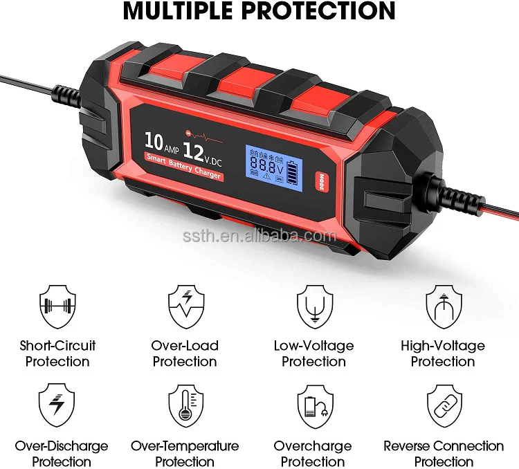 Hot sale LiFePO lead acid battery charger 12V 10A repair battery waterproof intelligent protection car portable battery charger