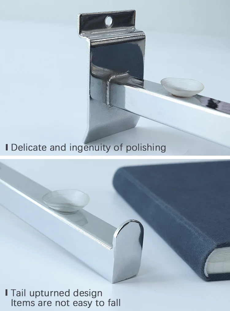 Metal chrome plated hook square tube 2 hole slatwall glass shelf bracket