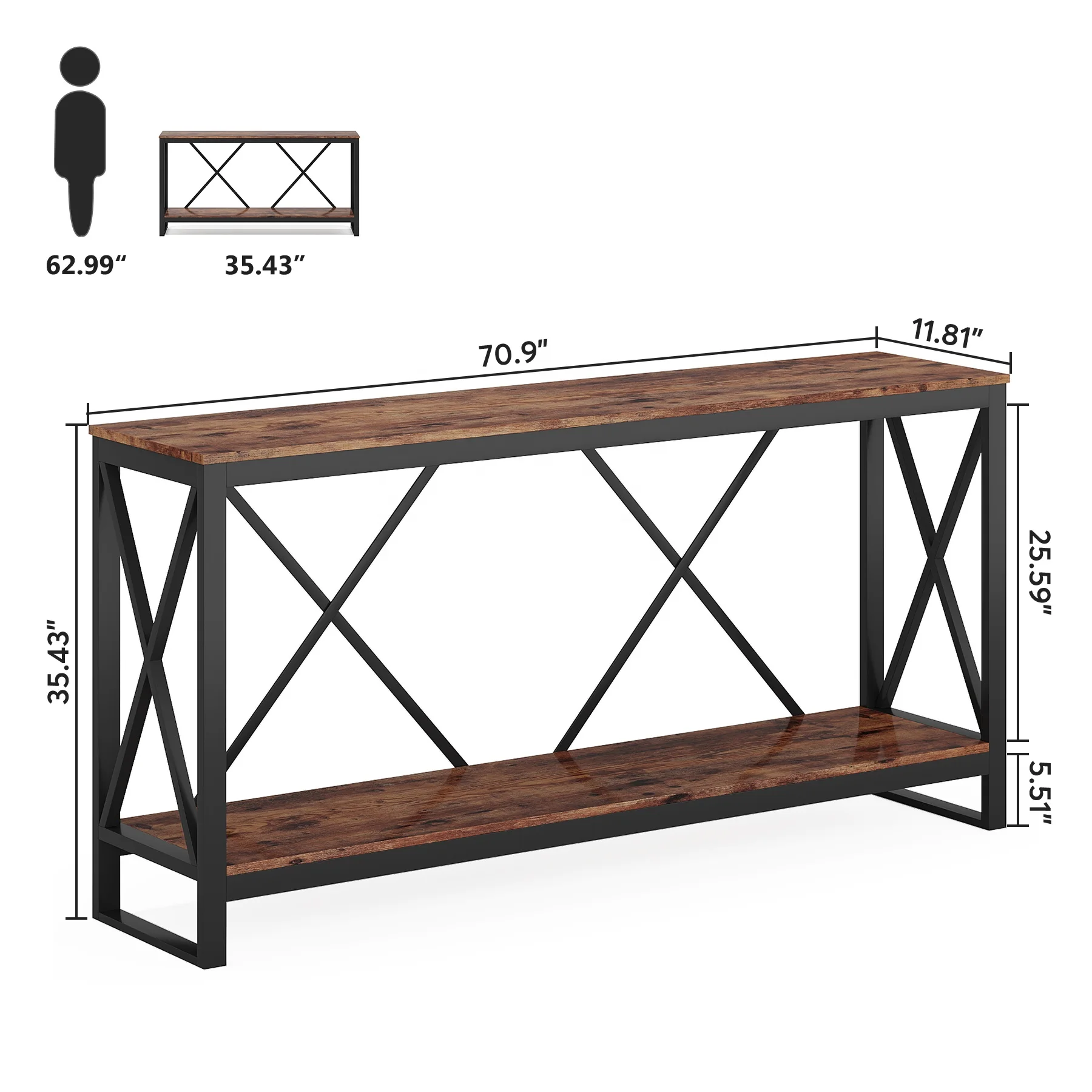 Tribesigns Industrial Long and Narrow Console Table with 2 Open Display and Storage Shelves for Living Room Furniture