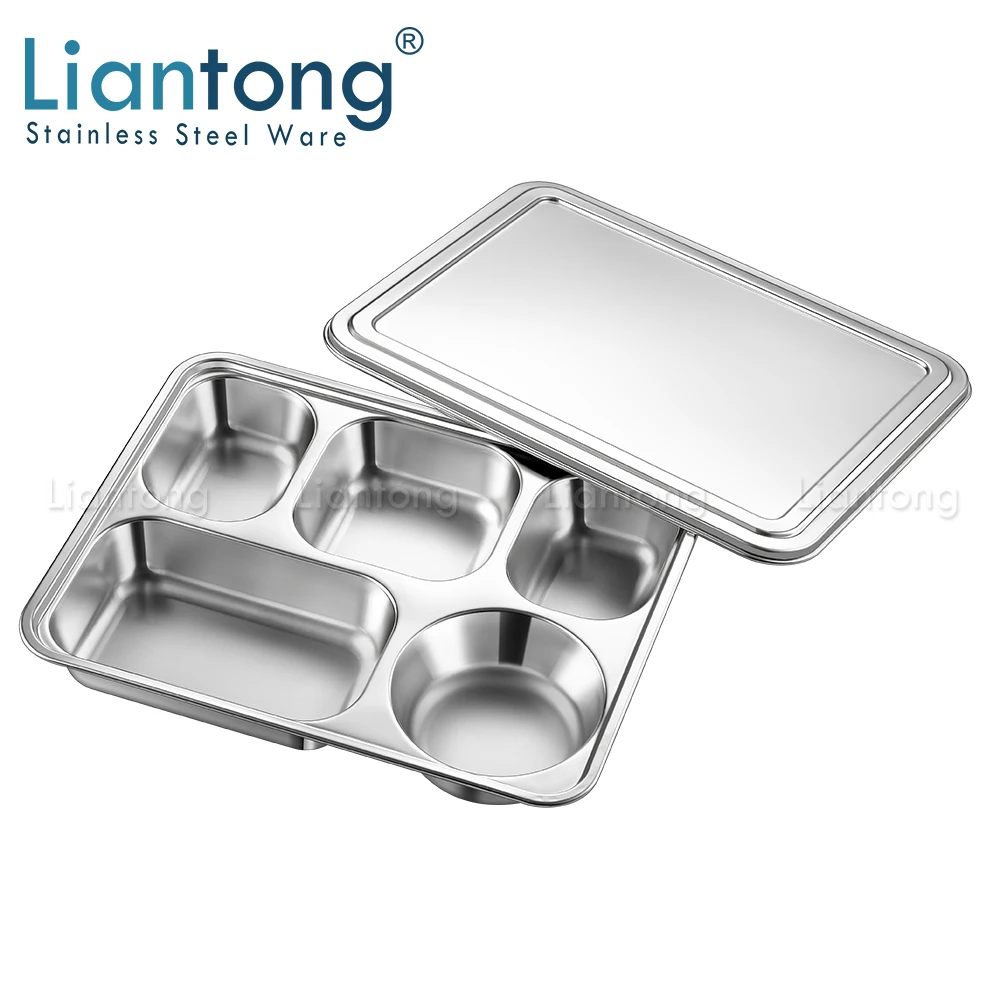 Заводская дешевая школьная детская посуда из нержавеющей стали с 5 отделениями лоток для быстрого питания обеденная тарелка набор ланч-боксов со стальным покрытием