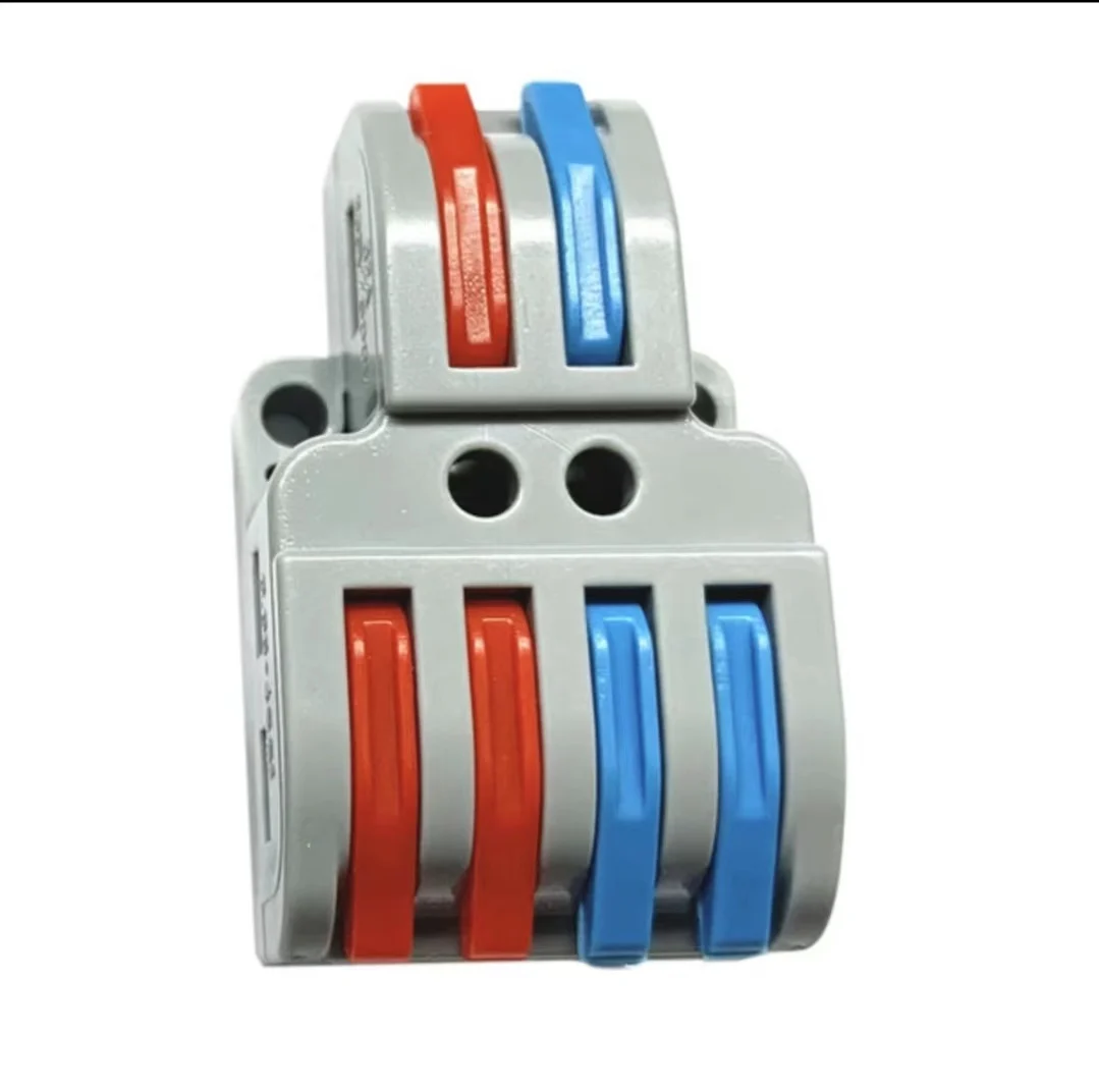 Quick splicing terminal block with 4 in and 4 out universal wiring links, push in wire terminal block