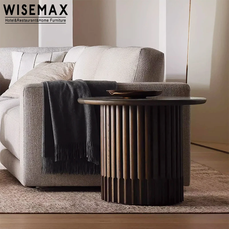WISEMAX FURNITURE American retro style home coffee table set solid oak wood frame cylinder shaped sofa side table for livingroom