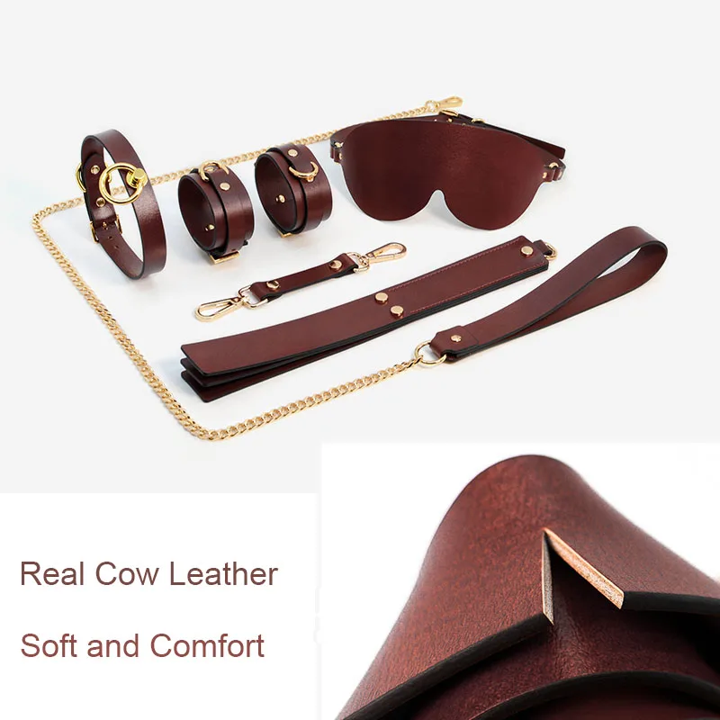 Genuine Leather BDSM Bondage Kits Sex Toys for Couple Handcuff Ankle Cuffs Collar Gag Restraints SM Set Adult Games