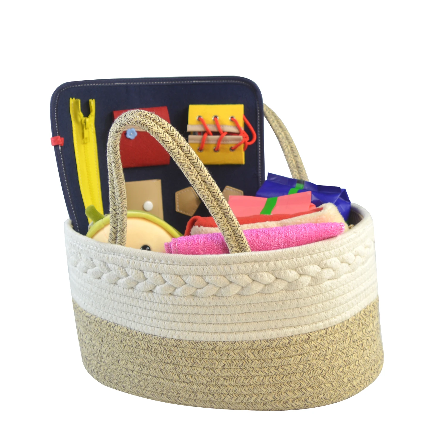 Woven Rope Baby Diaper Caddy Organizer Portable Cotton Rope Diaper Bag With Divider For Changing Table And Car With Toy
