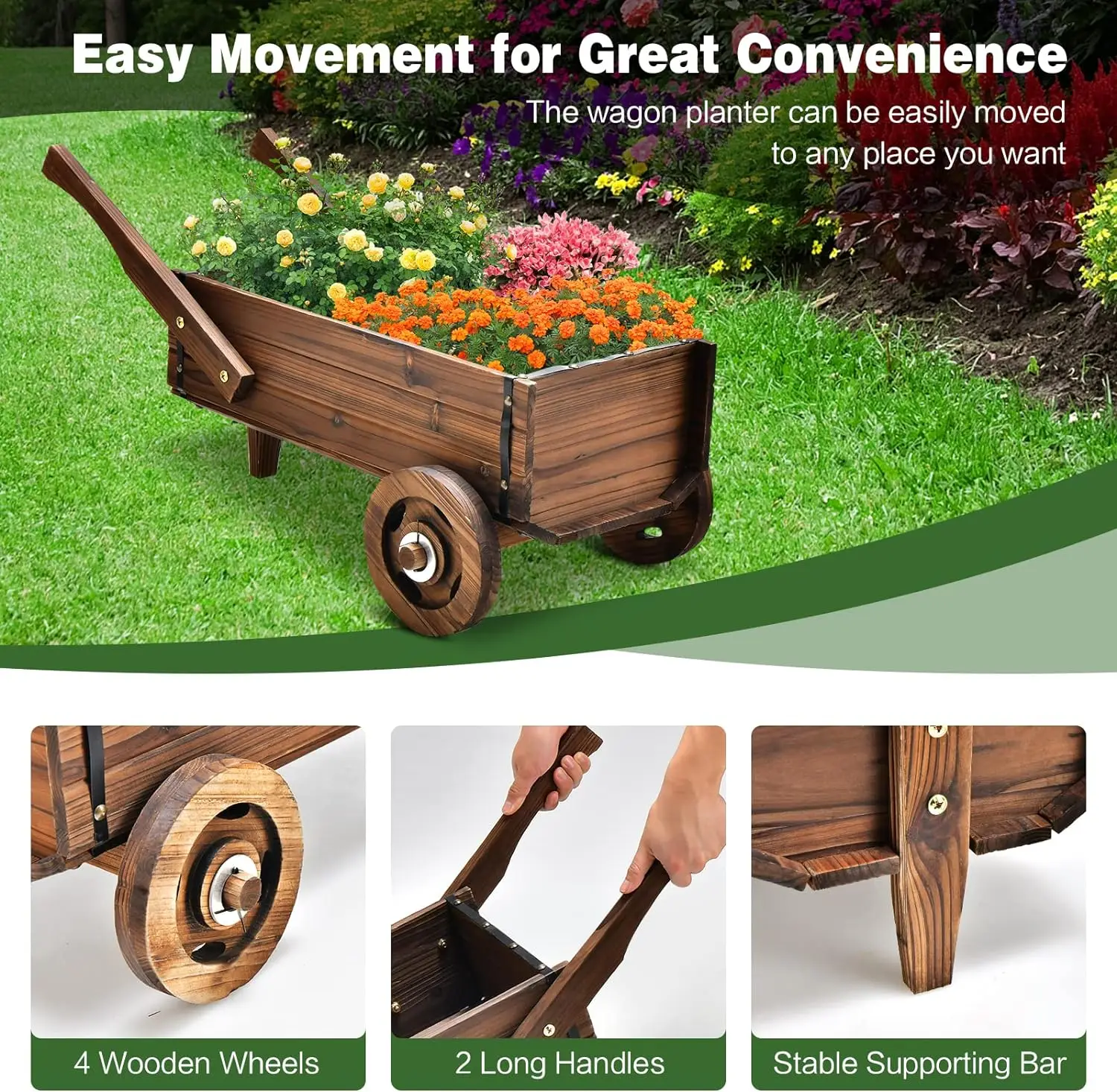 Popular Decorative Wagon Cart with Wheels Drainage Hole Flower Planter Pot Stand Wooden Wagon Planter Box