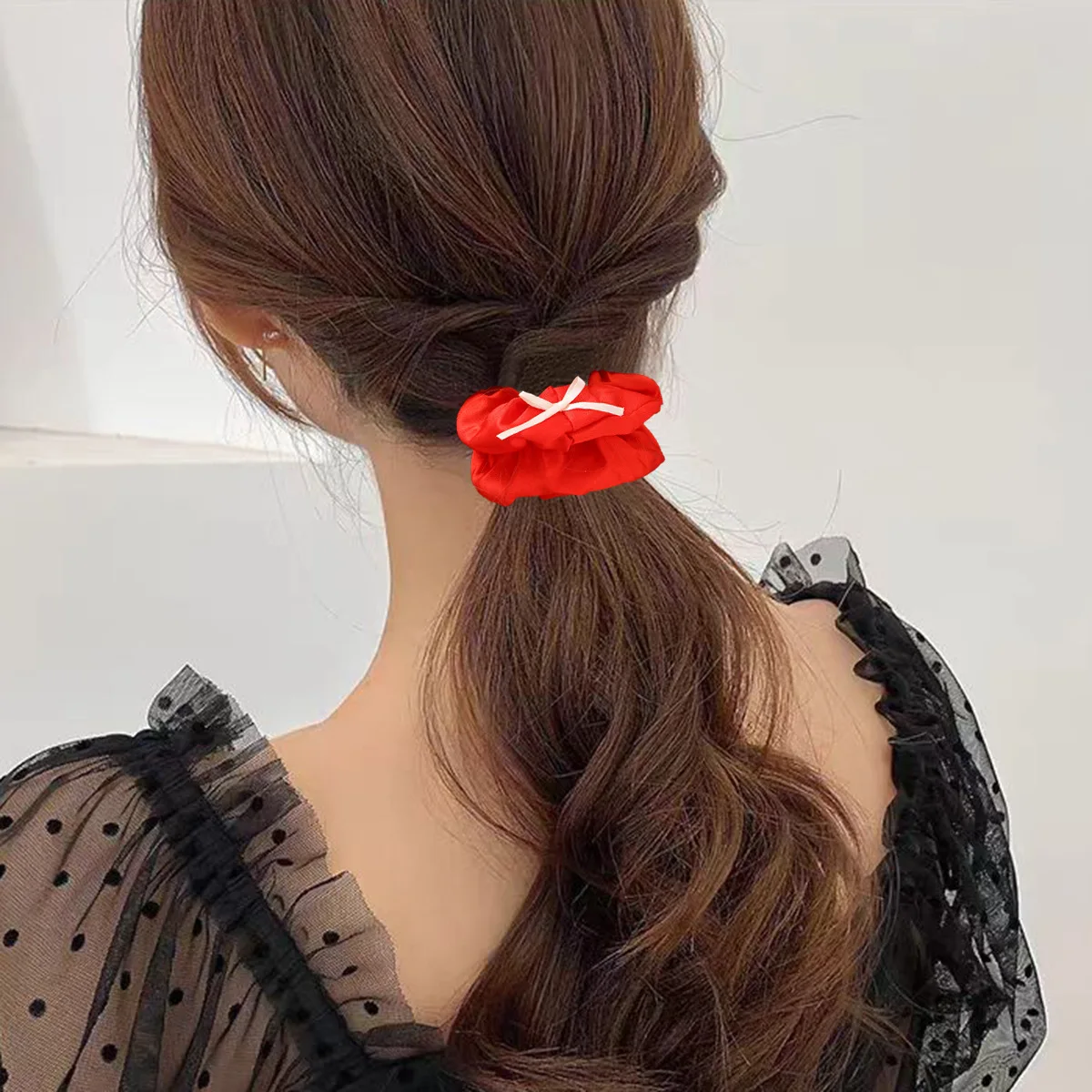 Trendy Satin Bow Hair Scrunchie for Women Spring Korean Style Wide Hair Tie for Ponytails