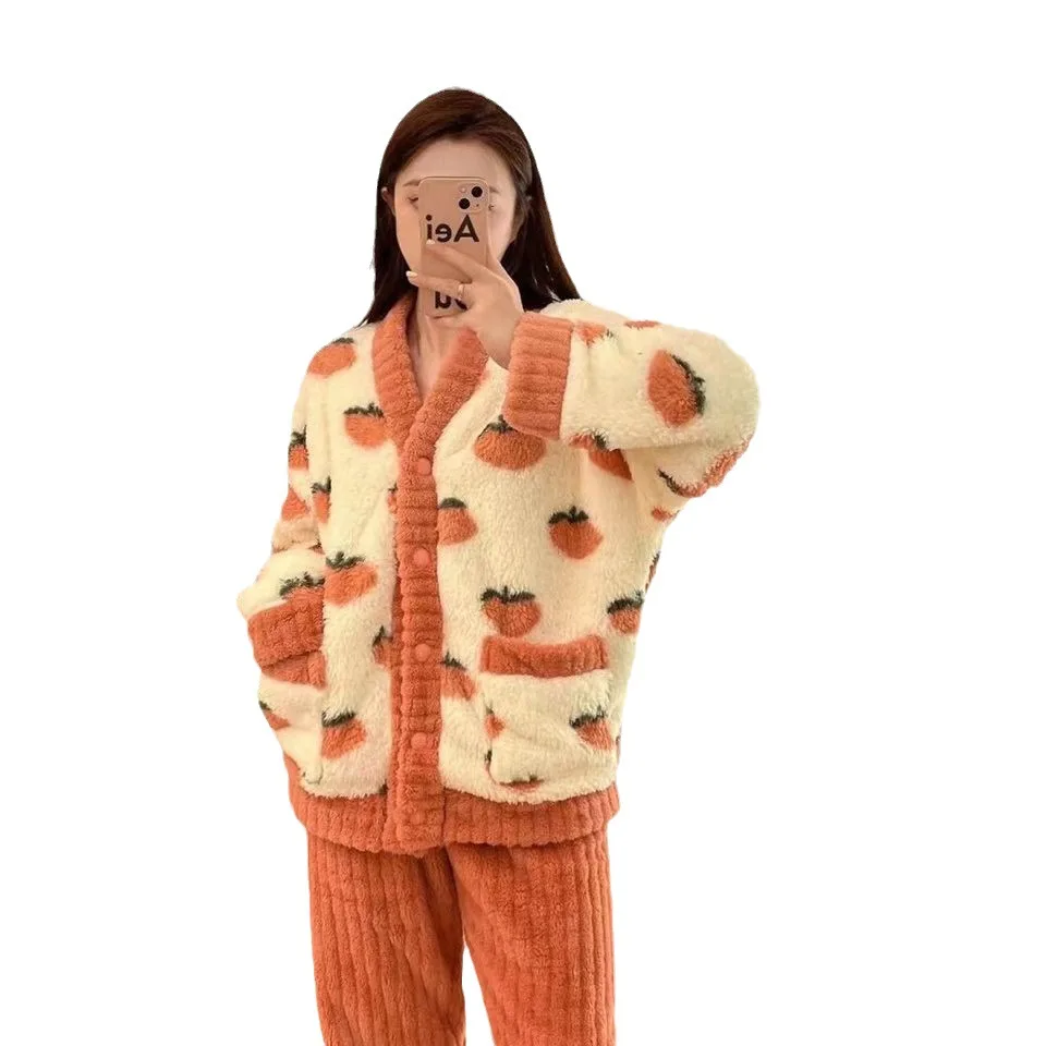 Autumn and Winter Thickened Oolong Peach Nightgown Set Strawberry cartoon Style Cardigan Home Clothes Warm girls women Pajamas