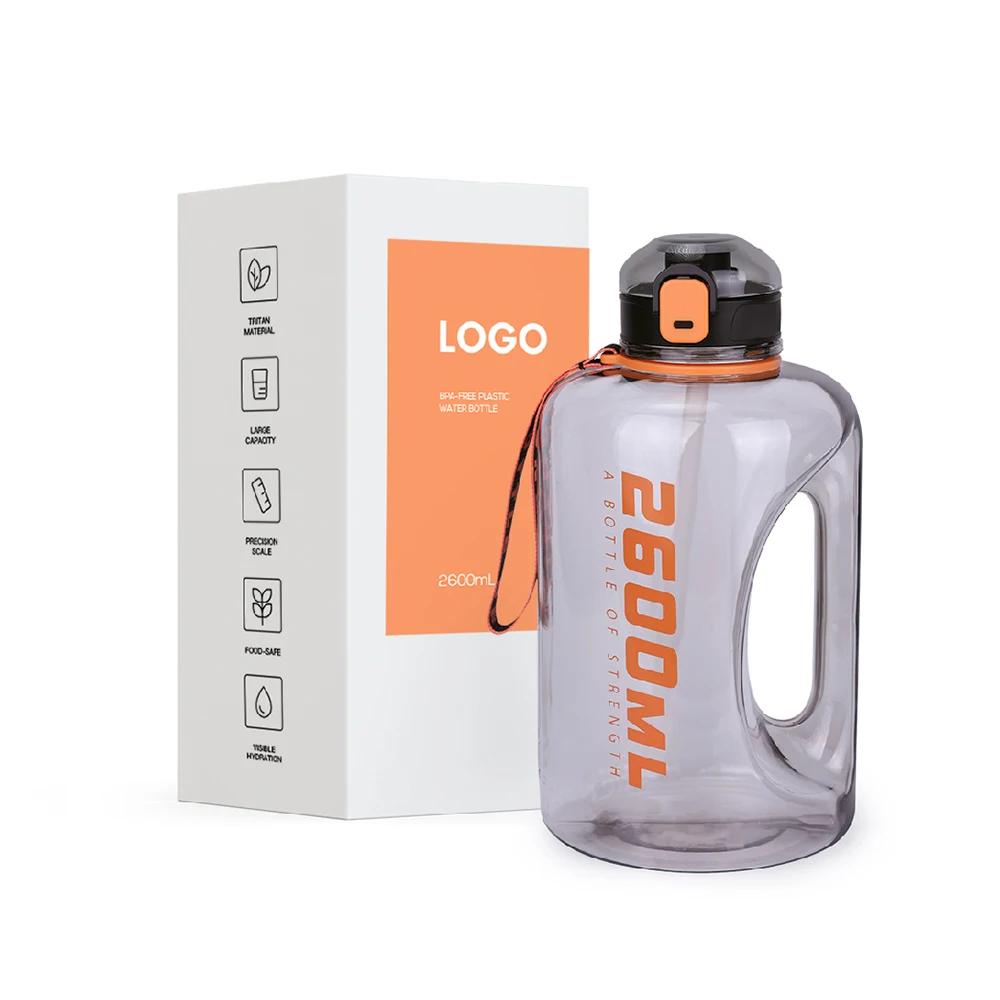 Visible Hydration Plastic Water Bottle Tritan Water Jug with Handle with Straw Lid Push Button Opening Water Flask with Scale