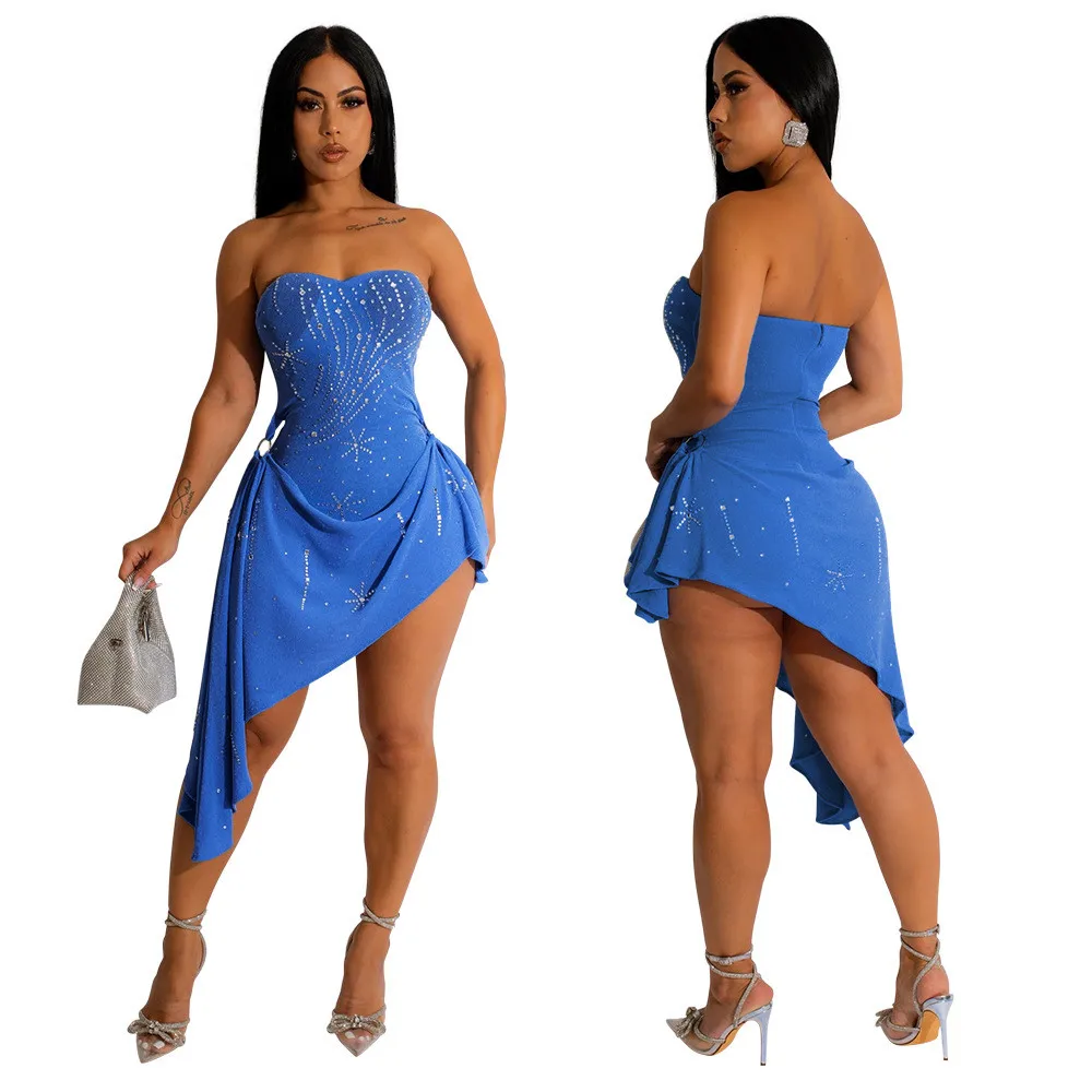 Best Seller Sleeveless Strapless Short Dress Summer Rhinestone Decoration Irregularity Club Dress For Women