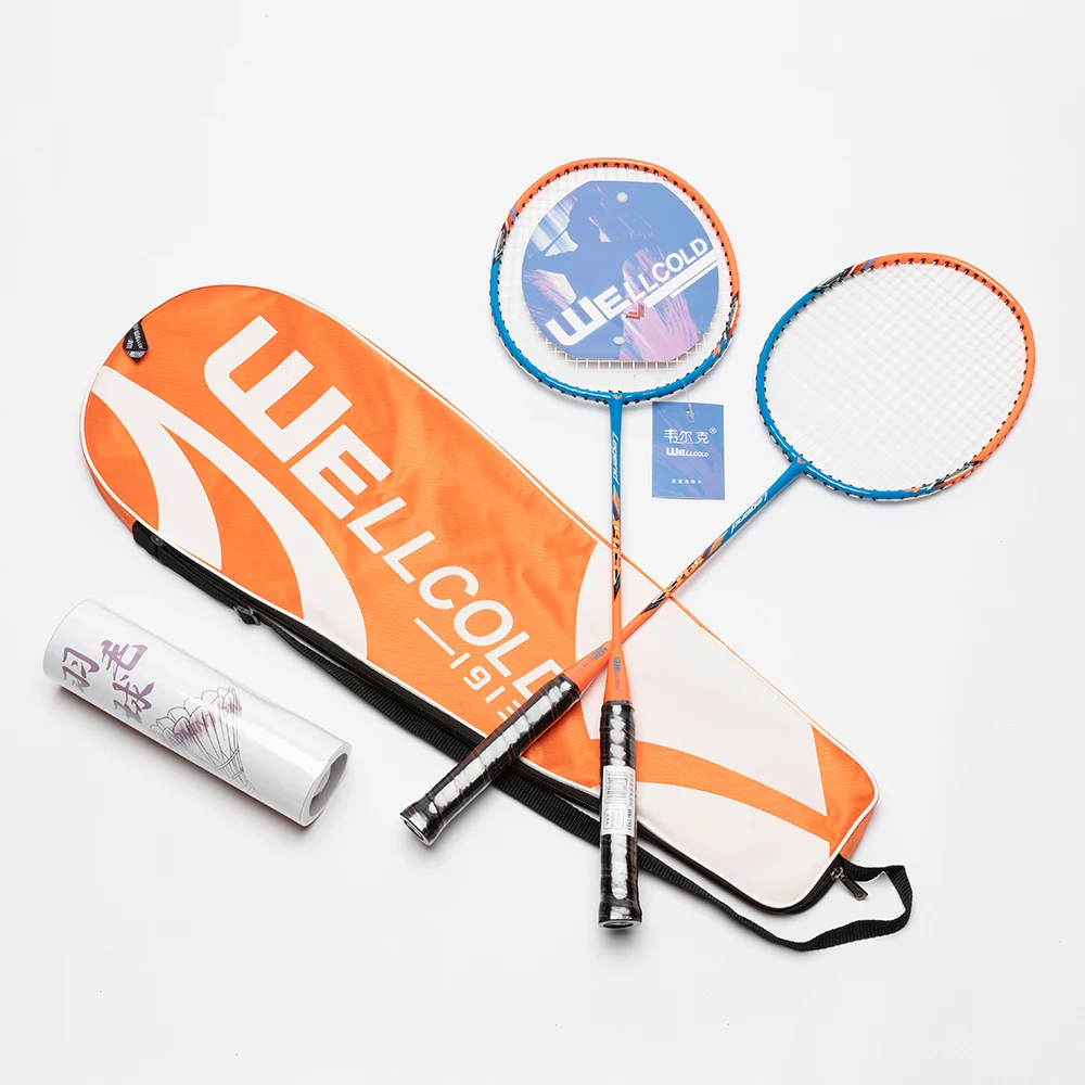 custom 2 packs 14lbs onepiece badminton racket set steel shaft badminton racquet 6pcs Plastic shuttlecocks with bag