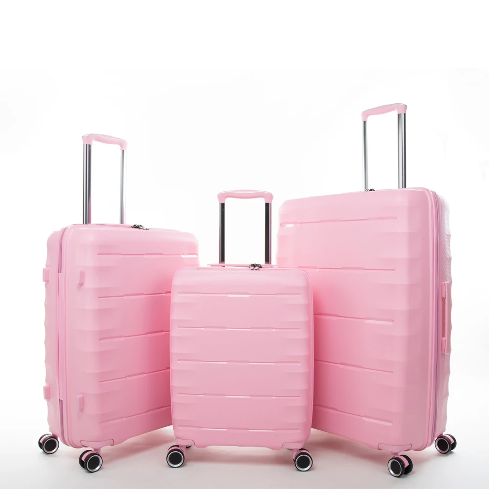 
Excellent PP material 3 piece luggage set pink suitcase with aluminum alloy trolley 