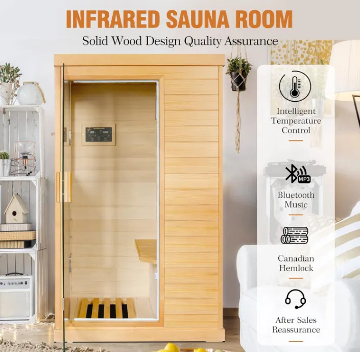 Far Infrared Low-EMF Canadian Hemlock Wood Sauna Home Spa Room with Control Panel and Tempered Glass Door