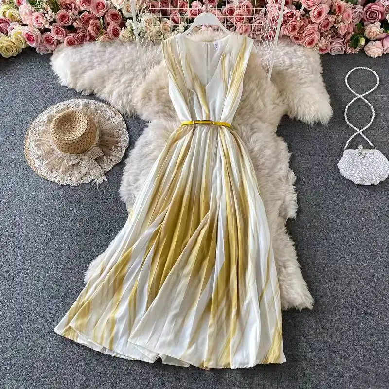 Trending Fashion Long Dress Sleeveless V Neck Tie Die Classy Dress 2021 Women Summer Elegant Formal Evening Dress
