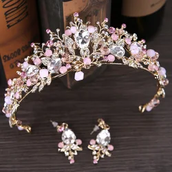 Leaves teardrop Rhinestones Bride Hair Accessories Wedding Queen Crown Earring Set Bridal Hairband for Wedding Tiaras