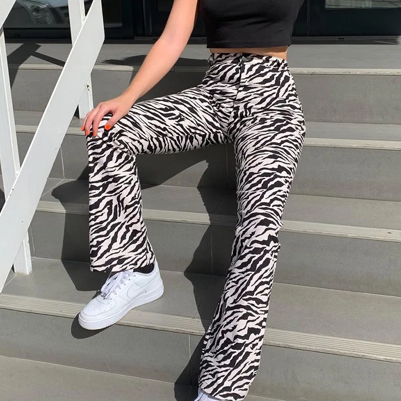 Women Streetwear Zebra Animal Print Pants Ladies Casual High Waist Trousers