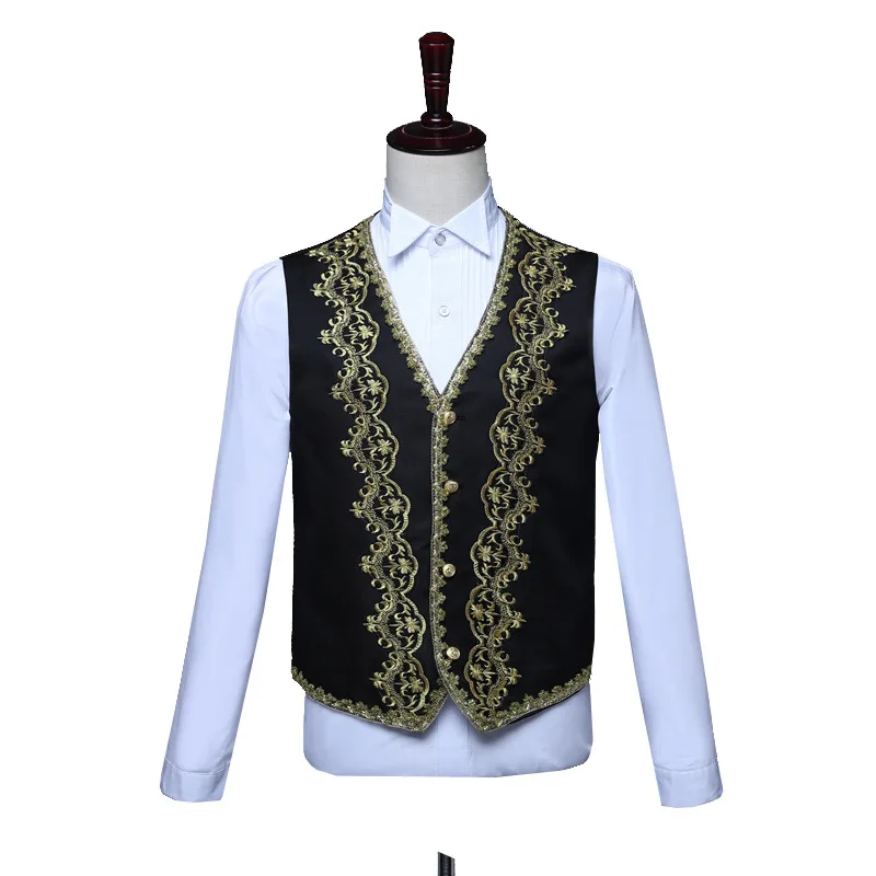 Plus Size Court Black and White Prince William Baroque Embroidery Men Suit Three Piece Stage Singer Medieval Wedding Prom Suits