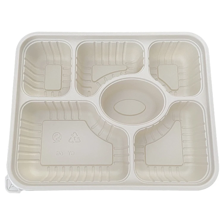 White Plastic Meal Tray with Lid Clamshell Cornstarch Hot Box Takeaway Containers 6 Compartment Food Tray Storage Boxes & Bins