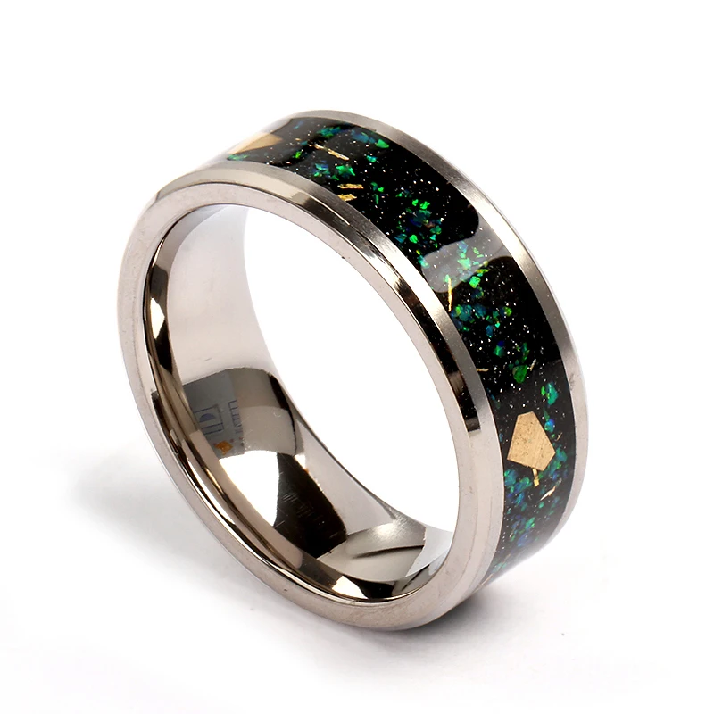 China wholesale custom Fine opal inlay tizti ring tungsten enamel jewellery Gold Foil and Opal Inlay Titanium Mens Wedding Bands