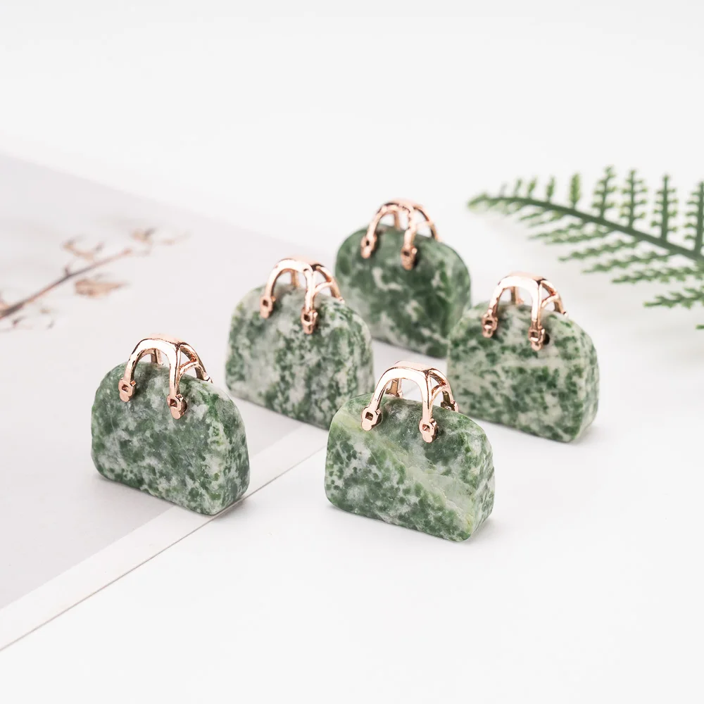 BZ JADE TIFA Factory wholesale 1 inches Mini Green spot Jade Purse Carving  Crystal Handbag Pendant  Gemstone Purse for Gifts