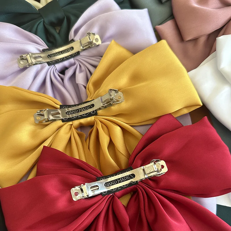 Customizable  Big Bow Hair Clips Solid Color Bowknot Hairpin French Barrette with Long Silky Satin for Adult Teens Women
