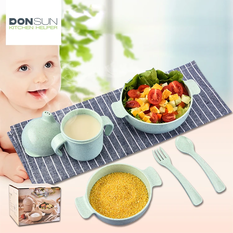
Wholesale Eco Friendly 5PCS unbreakable Baby Tableware Wheat Straw Kids Dinnerware Set 