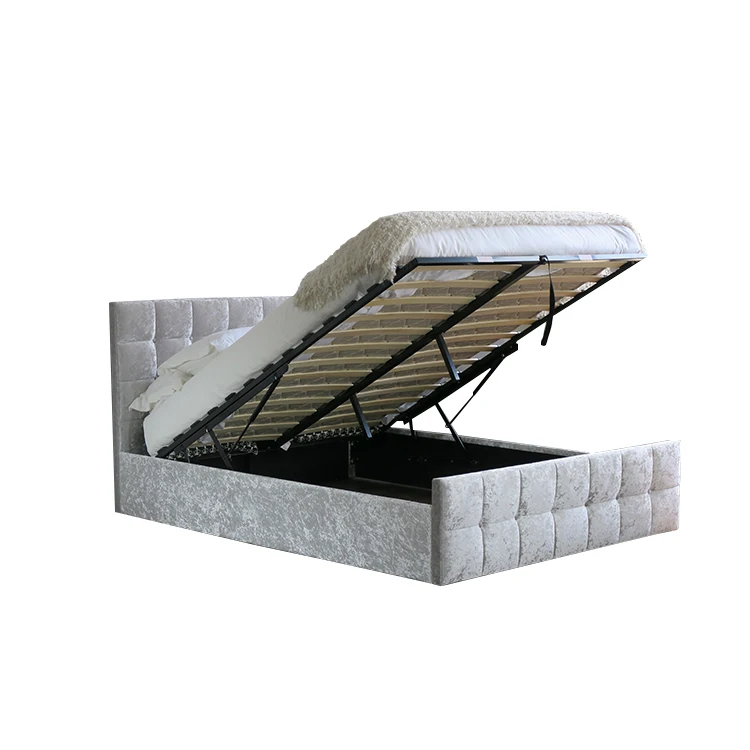Modern Wood Frame Gray velvet Beds Base Double Beds With Solid Wooden Slats fabric storage bed