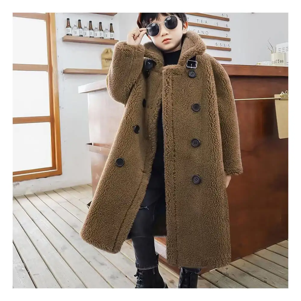 Baby Boys Fur Jacket Little Kids Real Sheep Shearling Streetwear Overcoat Fashion Boys Fur Coat For Winter