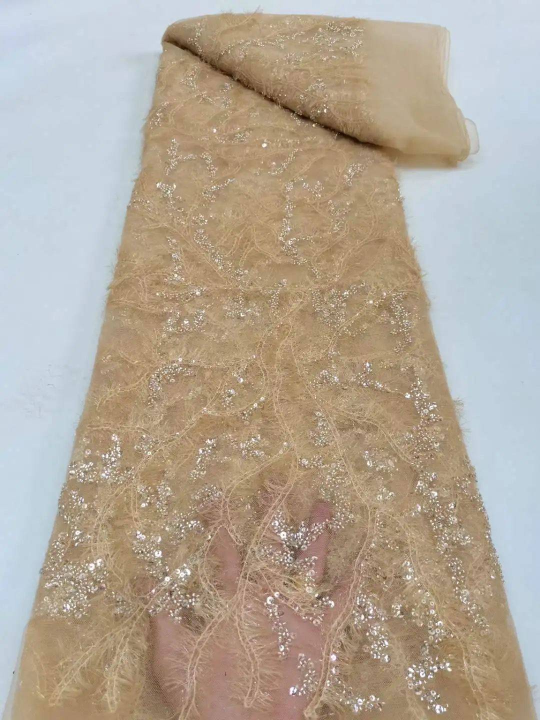 Pine needle plush beaded tube embroidery fabric beads sequin wedding dress cheongsam hat lace fabric SS3625