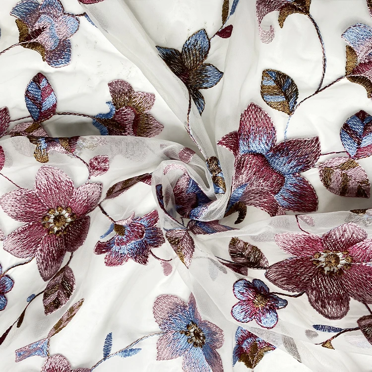 Harvest boho nylon polyester pink and navy floral design embroidered fabric 190-200 gsm for dress